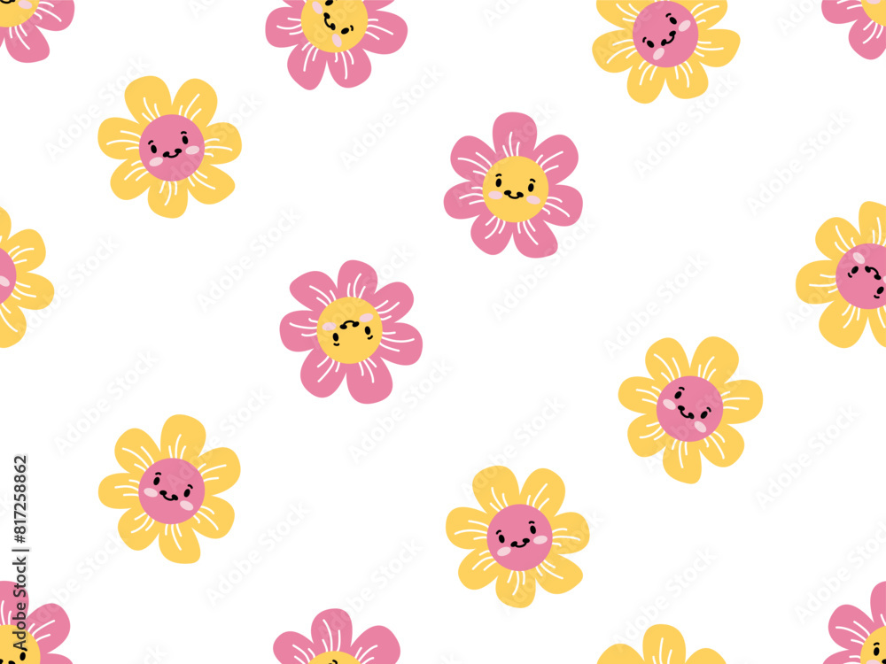 Groovy daisy flowers face seamless pattern. Retro chamomile smiles Groovy daisy flowers face seamless pattern. Retro chamomile smiles