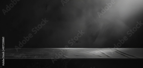 A dark grey table with soft light shining from the right side, set against an allblack background Generative AI photo