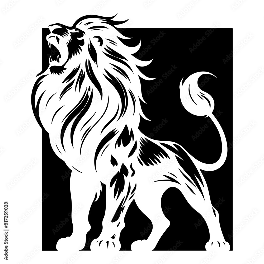 Lion roaring and showing his powerful mane and muscular body. Black and white vector illustration, against white background Lion roaring and showing his powerful mane and muscular body. Black and white vector illustration, against white background