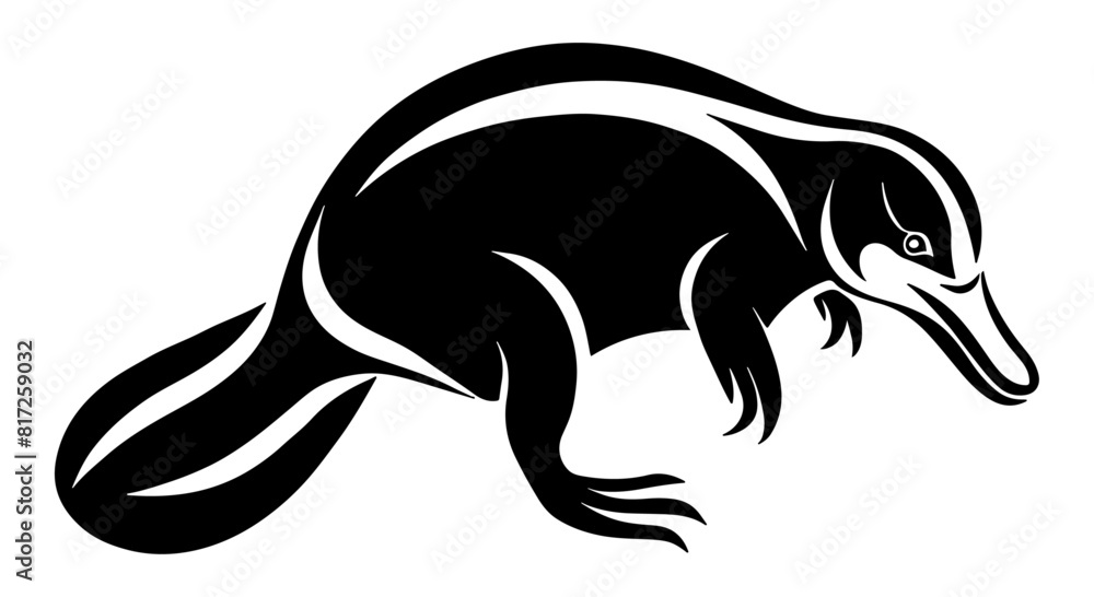 Obraz premium Platypus, side view, with smooth lines and a streamlined shape. Black and white vector illustration 