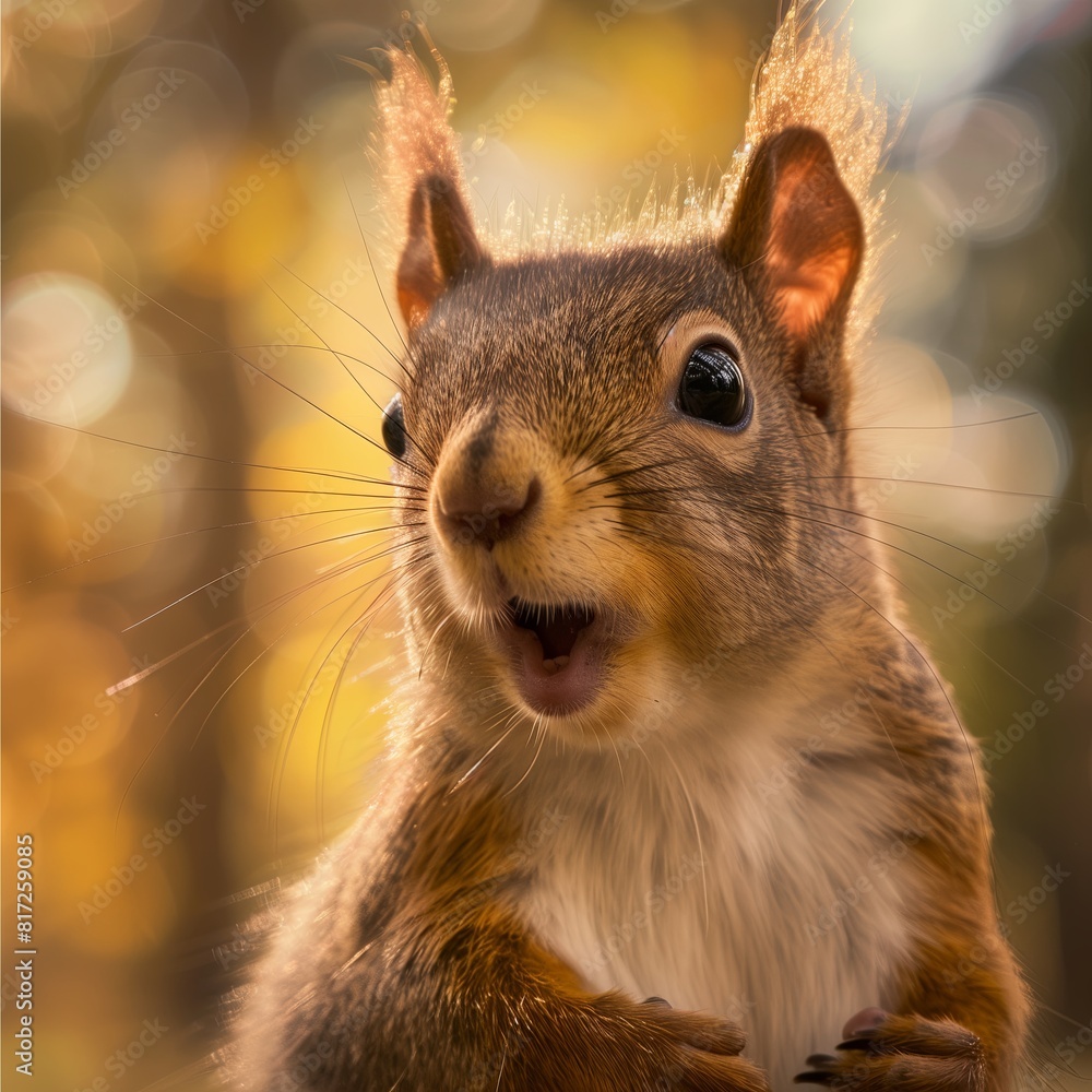Obraz premium Squirrel in forest, cute fluffy rodent with bushy tail. Wildlife in natural setting, small mammal eating nut. Closeup portrait of squirrel, curious and watchful in green woodland..