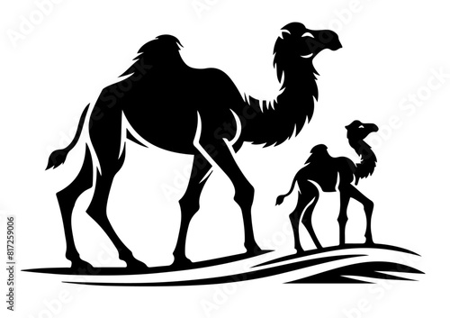 Camel and its calf walking together, showcasing their long legs and humps. Black silhouette design, against white background 