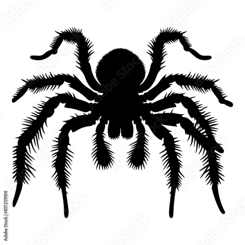 Tarantula spider with detailed legs and body. Black and white silhouette, against white background 