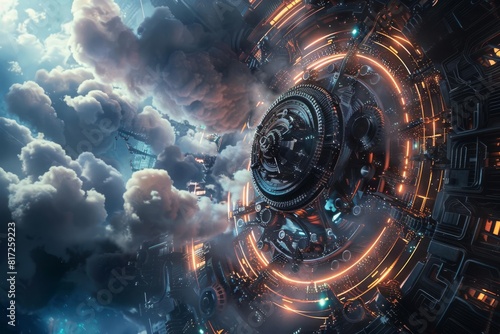A futuristic spaceship is flying through a wormhole