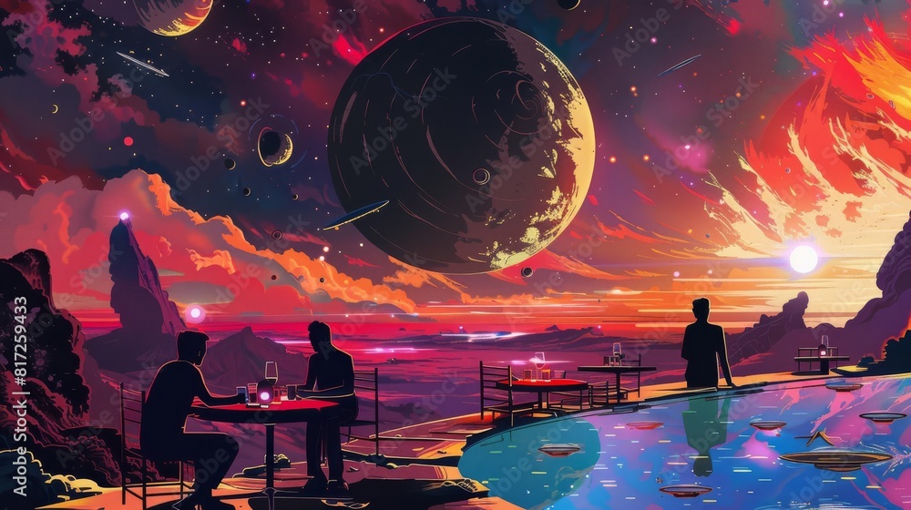 The scene is a beautiful alien landscape with a red sky and a large ...