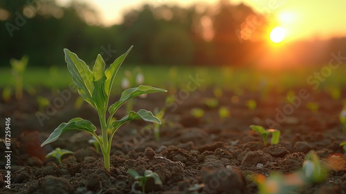   A close-up of a tiny plant in a dusty field with the sun behind it and distant trees photo