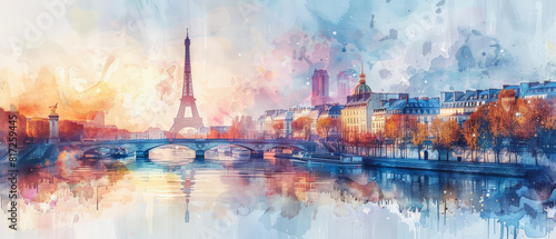 Hermosa acuarela artística panorámica de tonos vibrantes, de la ciudad de París, el río Sena y la Torre Eiffel al fondo photo