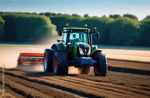 Close-up. A tractor is digging up a field. 