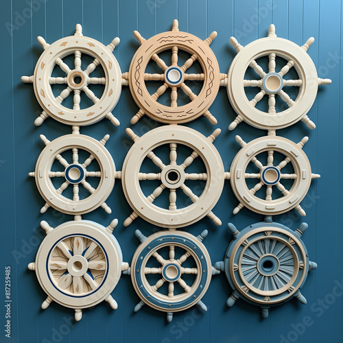 Steering wheel isolated on blue wall.