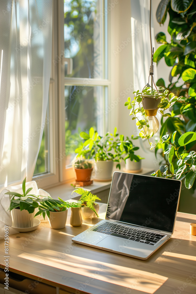Laptop in bright white modern home work space, surrounded with house plants on sunny summer day. Laptop in bright white modern home work space, surrounded with house plants on sunny summer day.