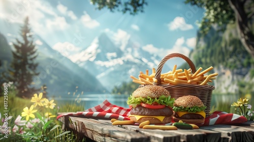 A picnic basket overflowing with gourmet burgers and fries sits on a picnic table with a scenic mountain view in the background.