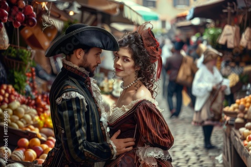 A young couple in period costume strolling through a crowded marketplace