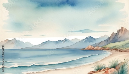 watercolor illustration, vintage postcard, World Oceans Day, seascape, ocean shore against the background of mountains,landscape vector illustration created with generative ai.