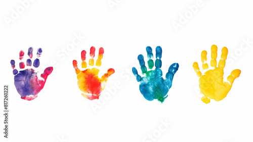 Color child handprint. Creative paint hands prints. Happy childhood design. Artistic kids stamp, bright human fingers and palm on white background.
