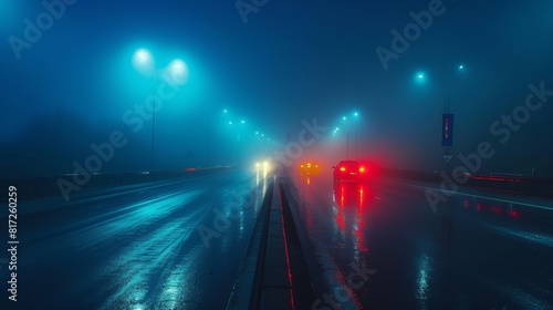 Illustration depicting an empty dark night road with foggy mist, rain, and red backlight traces, highlighting the dangers of poor visibility during rainy weather.