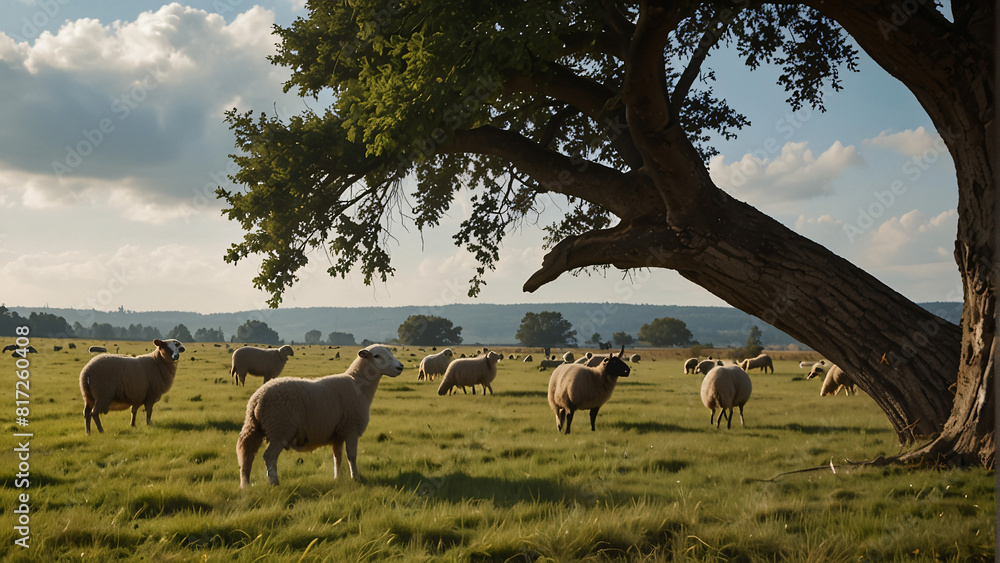 Obraz premium A group of sheep are standing in a field