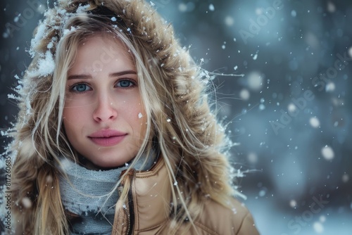 Woman Winter. Attractive Caucasian Woman Enjoying Snow Outside in Stylish Winter Coat