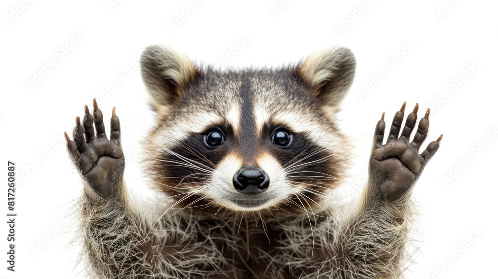 Fototapeta premium Wildlife White Background. Beautiful Portrait of a Cheerful Baby Raccoon Showing Paw Gesture