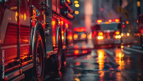 Fire trucks on the street with the lights turned on photo