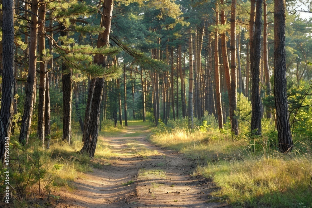 Obraz premium Sunlit Forest: Tranquil Pathway Leading Through Woodland Landscape