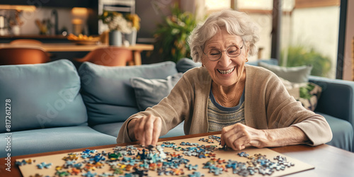 Senior lady playing puzzles in a retirement home. Elderly woman assembling jigsaw puzzle pieces in a nursing home. Housing facility intended for the elderly people. photo