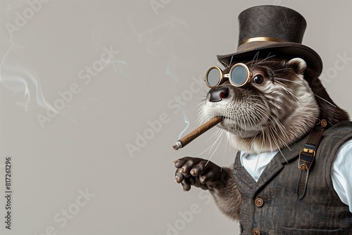 Elegant Otter in a Vest with Monocle and Top Hat Smoking a Cigar, Ideal for Sophisticated Themes, Copy Space for Text © SardarMuhammad