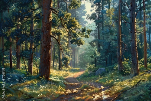 Sunlit Forest. Scenic Pathway through Wooded Landscape with Pine Trees