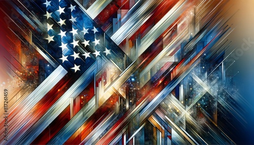 An abstract painting featuring a modern interpretation of the American flags stars and stripes motif, creating a dynamic and colorful backdrop.