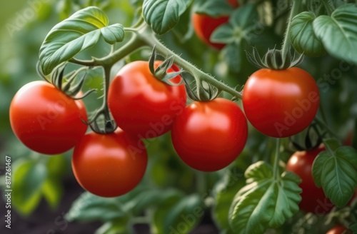 Close-up. Branch of large red tomatoes in a greenhouse