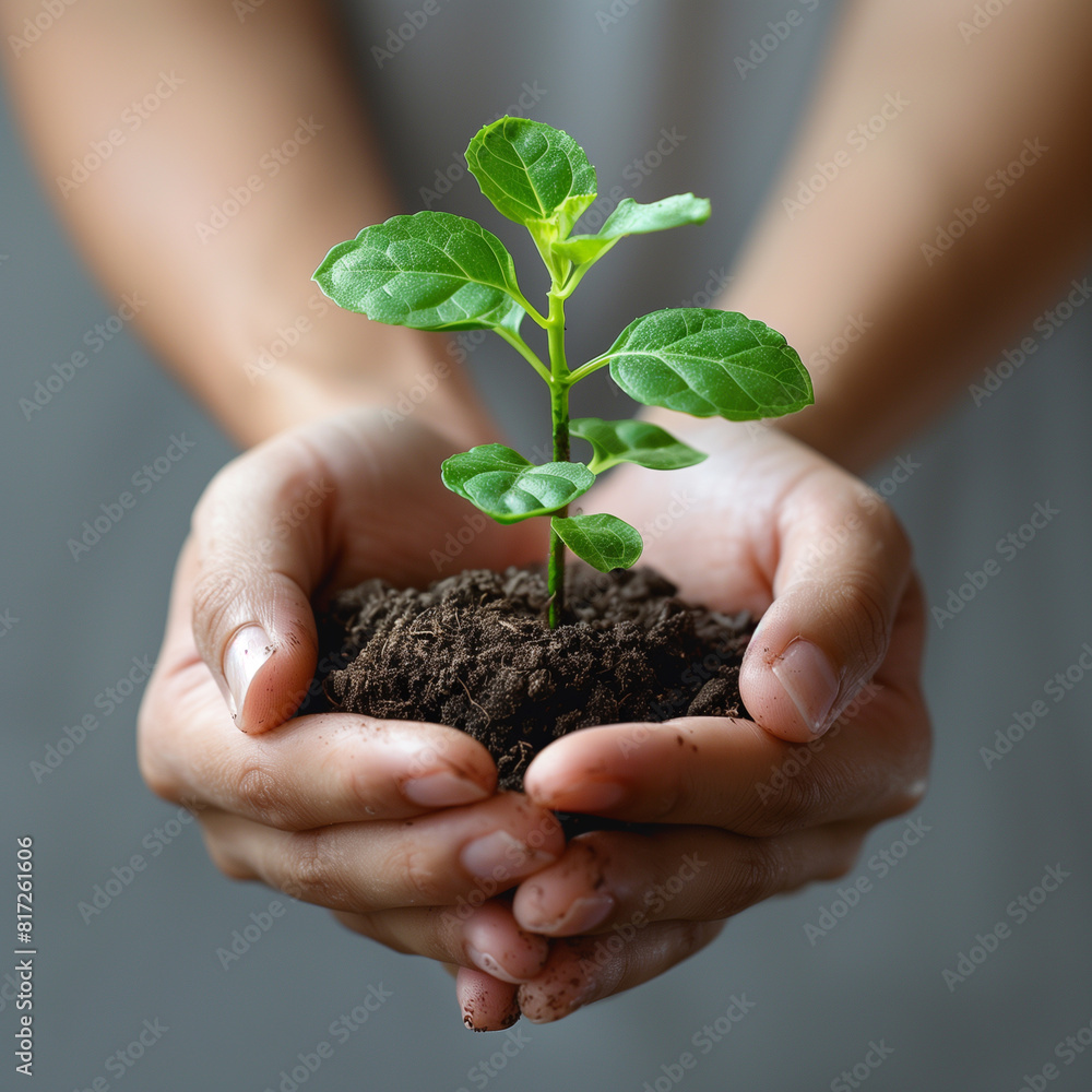Green sprout in the palms of a man with a handful of soil Green sprout in the palms of a man with a handful of soil