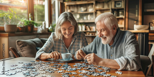 Senior couple playing puzzles in a retirement home. Elderly friends assembling jigsaw puzzle pieces in a nursing home. Housing facility intended for the elderly people.