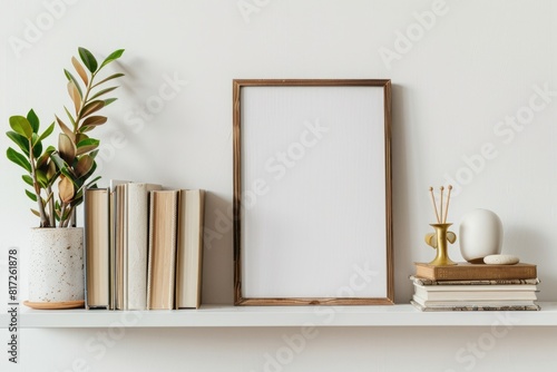 Photo Frame Empty. Bohemian Interior Design with Dark Wood Frame Mockup for Artwork Display