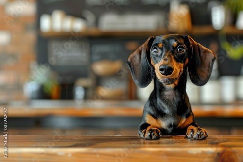 A small black and brown dog is sitting on a wooden table