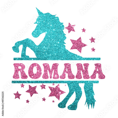 Romana - pink glitter - name written in a frame with light blue glitter Unicorn and stars - vector graphic - for cards, baby shower, prints, cricut, silhouette, sublimation