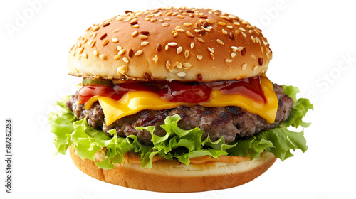  A classic cheeseburger with a thick beef patty, American cheese, lettuce, tomato, and ketchup in a sesame seed, transparent background