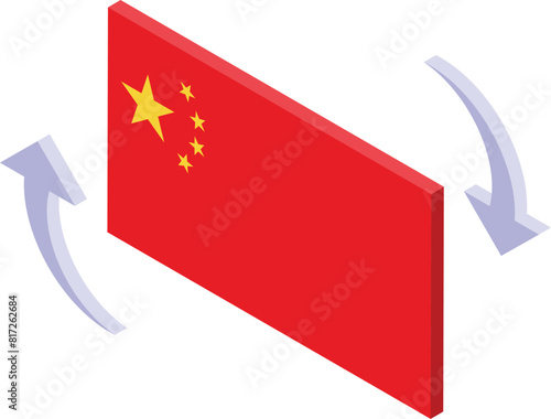 Stylized isometric illustration of china flag with curved arrows around it, indicating motion or exchange