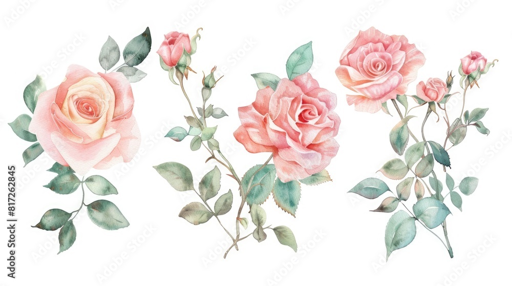 Pink Floral Design. Hand-drawn Rose Illustration with Green Blossoms in Watercolor Painting