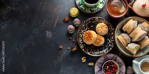 A variety of Eastern sweets and spices on a dark surface  showcasing diverse textures and colors
