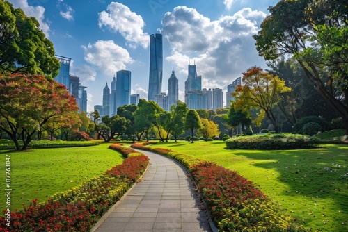 Park Building. City Landscape with Urban Skyline and Green Spaces in Downtown Shanghai © Serhii
