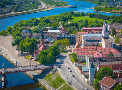 Kaunas old town, Lithuania. Panoramic drone aerial view photo of Kaunas city center with many old red roof houses, churches photo