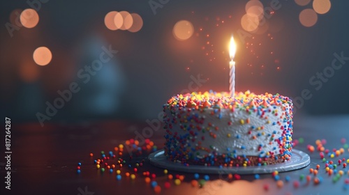 A single birthday cake adorned with vibrant sprinkles and a glowing candle, awaiting a wish. photo