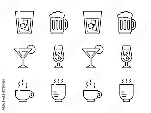 Glass icon set. Basic flat design drink. Water glass, beer mug, alcohol, whiskey, wineglass, cocktail, tea, coffee, cup, soda, ice, beverage sign symbol.