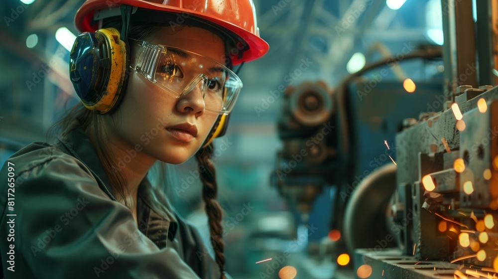 A South Asian woman in a hardhat and safety glasses, operating a massive CNC machine with sparks flying. A South Asian woman in a hardhat and safety glasses, operating a massive CNC machine with sparks flying.