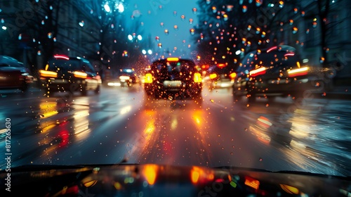 Motion-blurred photograph capturing a vehicle driving in the rain at night.