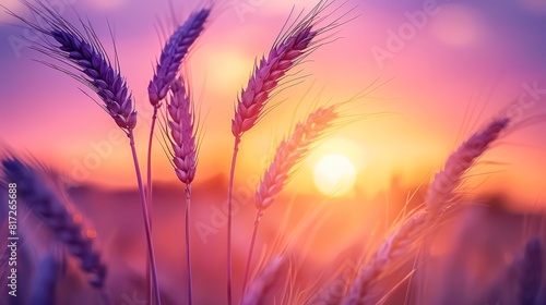  A tight shot of a wheat field with sunset backdrop and softly blurred grass in foreground