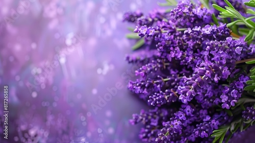  A tight shot of purple flowers  their petals dotted with water drops  against a backdrop of purple and blue