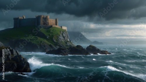 Wallpaper  dark sea  medieval castle in the background