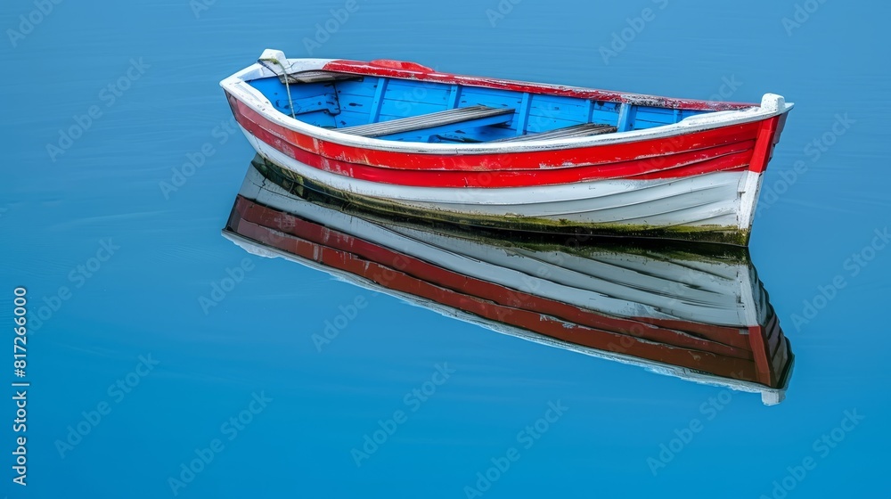 A red-and-white boat floats on a body of water, its surface reflecting Above, a clear blue sky stretches out A red-and-white boat floats on a body of water, its surface reflecting Above, a clear blue sky stretches out