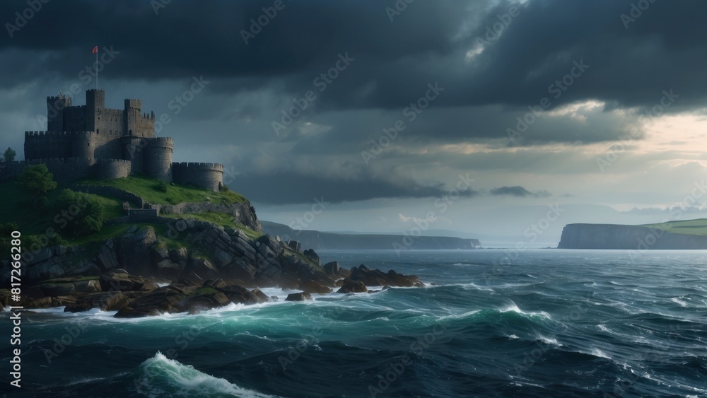 Wallpaper: dark sea, medieval castle in the background Wallpaper: dark sea, medieval castle in the background