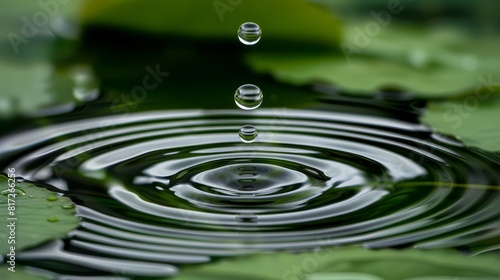  A green leaf floats atop still water, its surface disturbed only by a solitary droplet photo